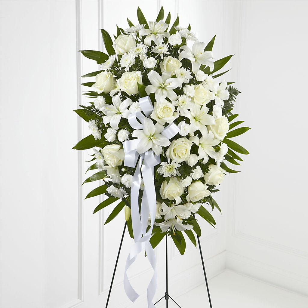 Exquisite Tribute Standing Spray-White Ribbon – Usa Flowershop Llc, Pompano Beach FL