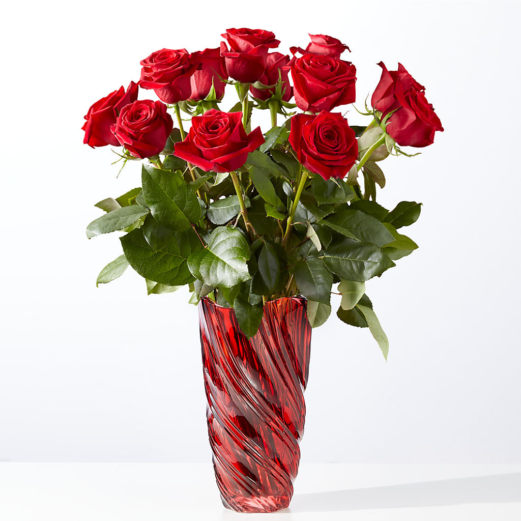 Classic Love Red Rose Bouquet with Luxe Swirl Vase – Usa Flowershop Llc, Pompano Beach FL