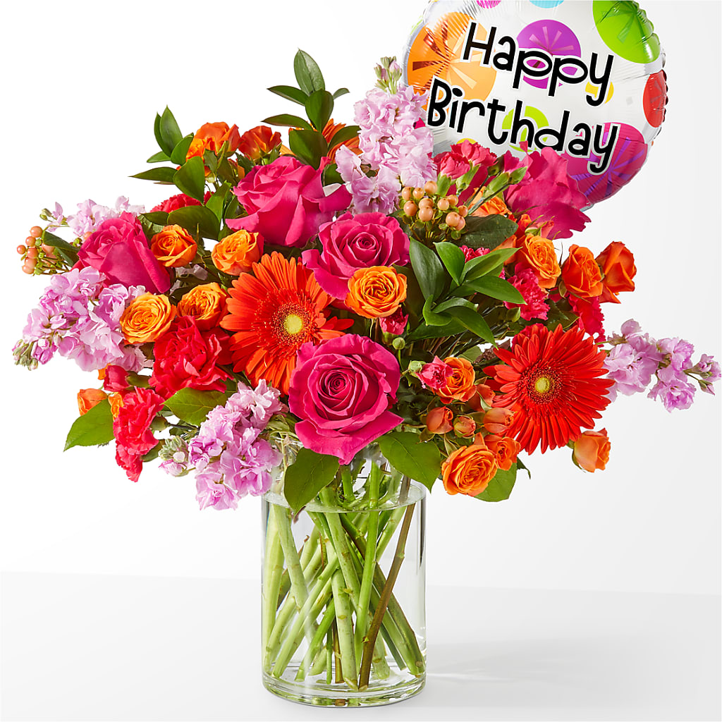 Fiesta Bouquet with Birthday Balloon –  Usa Flowershop Llc, Pompano Beach FL