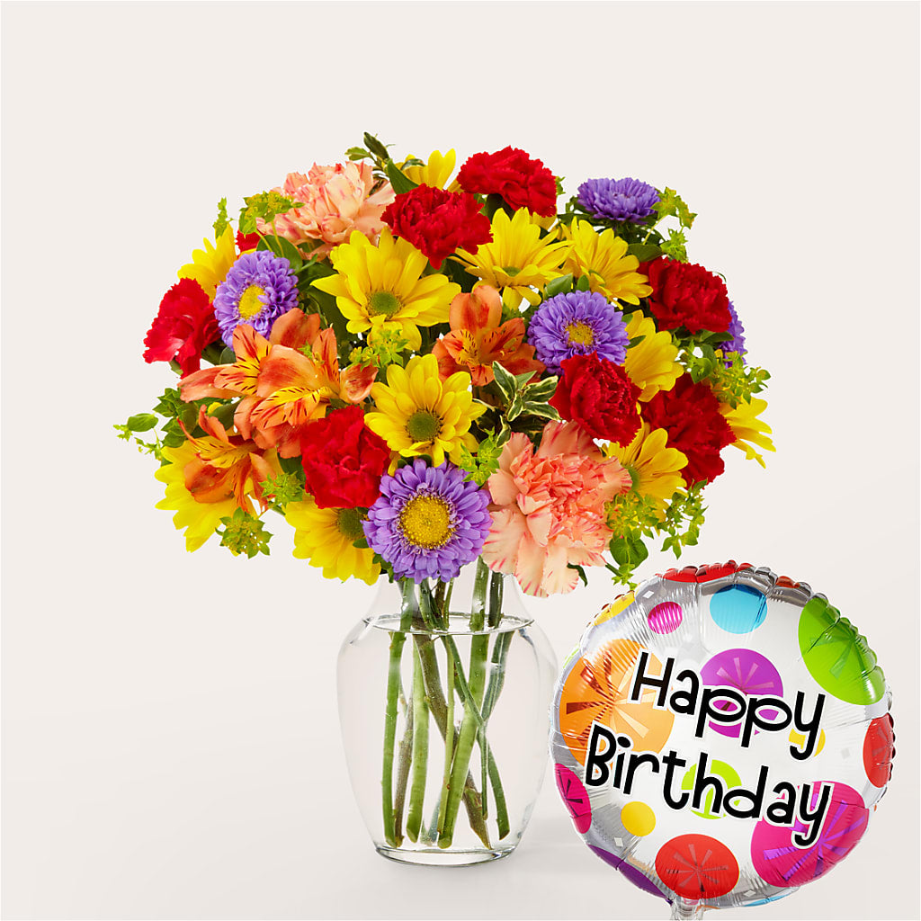 Kaleidoscope Bouquet with Birthday Balloon –  Usa Flowershop Llc, Pompano Beach FL