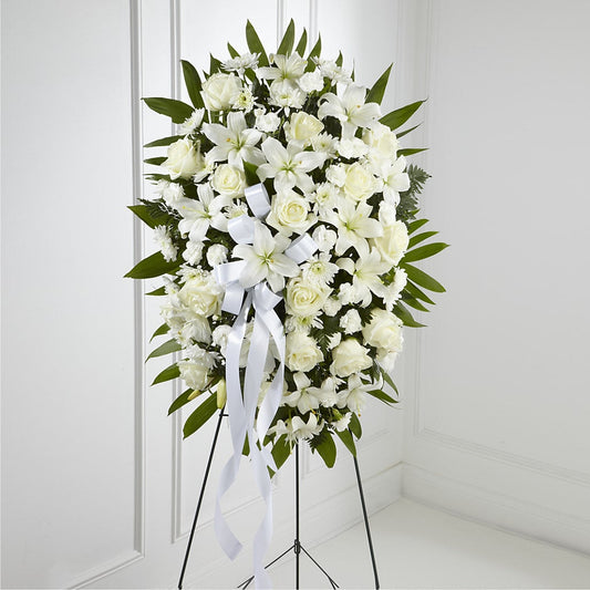 Exquisite Tribute Standing Spray-White Ribbon –  Usa Flowershop Llc, Pompano Beach FL