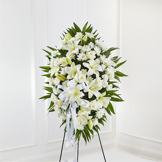 Exquisite Tribute Standing Spray-White Ribbon –  Usa Flowershop Llc, Pompano Beach FL